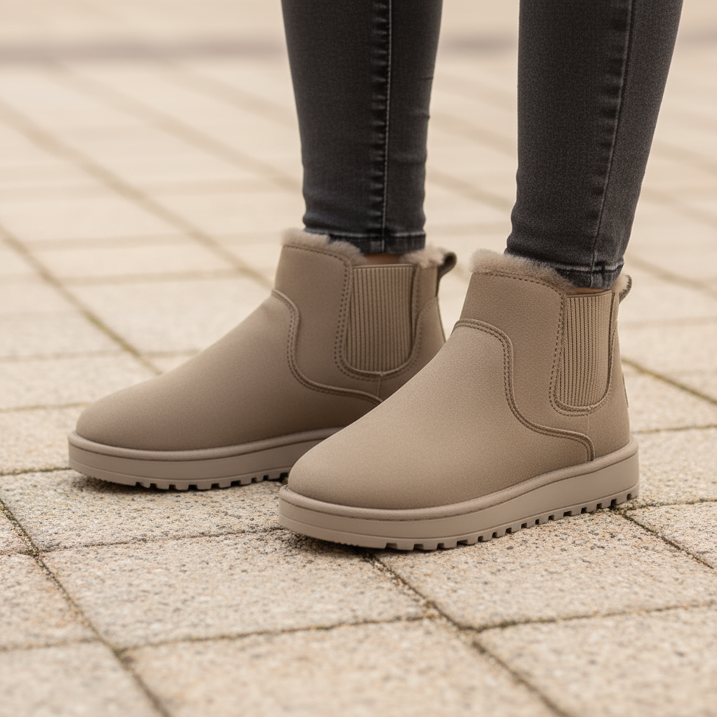 Beige Chelsea boots with fur lining worn on a paved surface