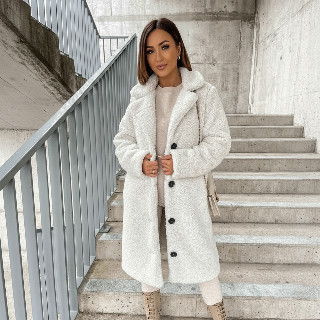 Woman wearing a white coat standing on a staircase.