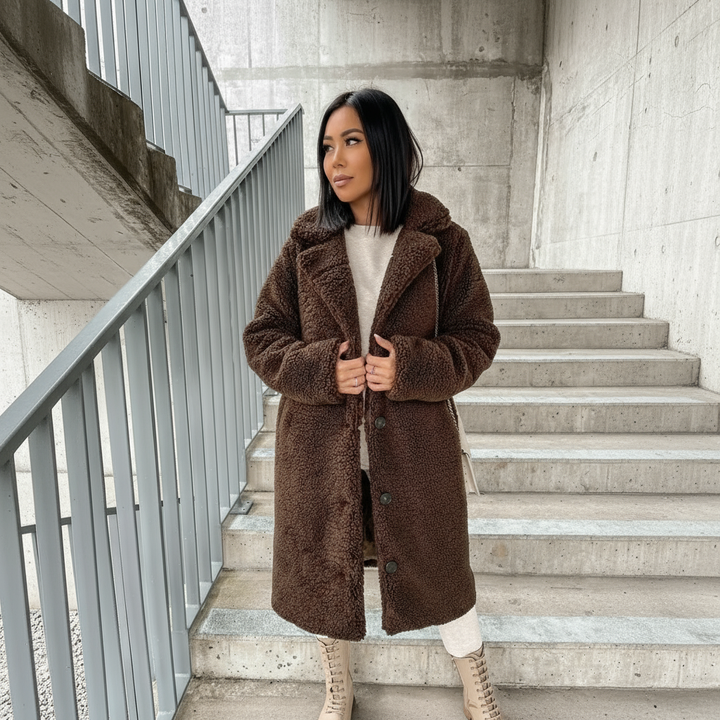 Woman wearing a brown teddy coat standing on concrete stairs.