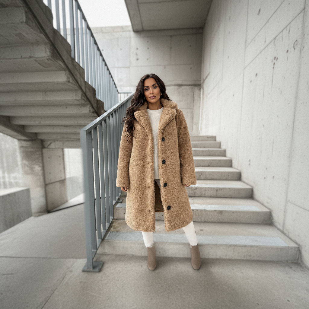 Woman in a beige coat standing on concrete steps in an urban setting