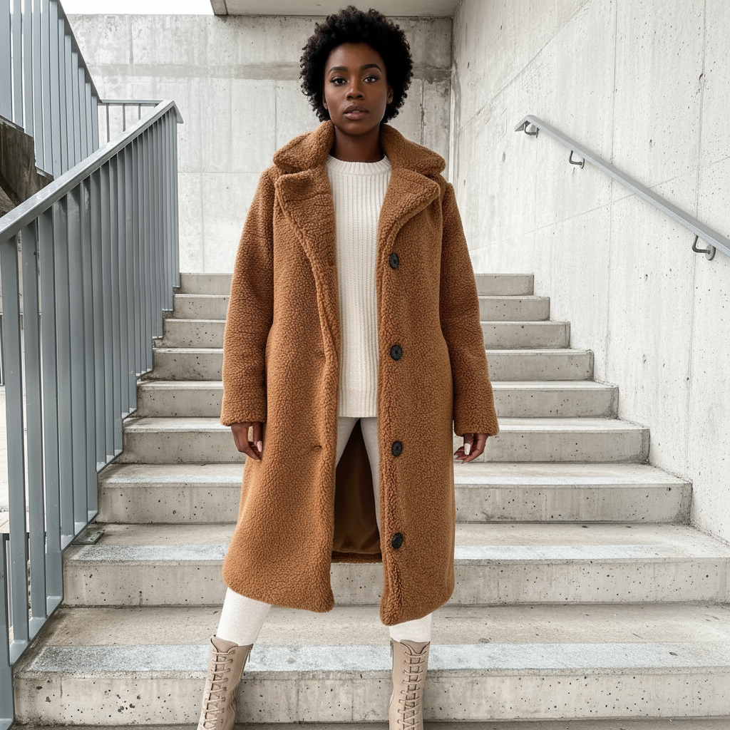 Person wearing a brown coat standing on concrete stairs.