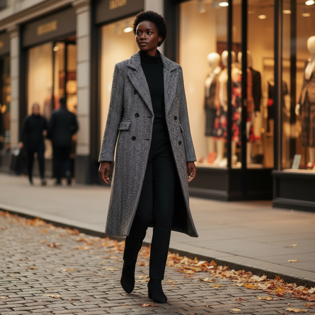 Woman in a gray coat walking on a city street with shops in the background