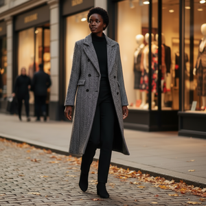 Woman in a gray coat walking on a city street with shops in the background