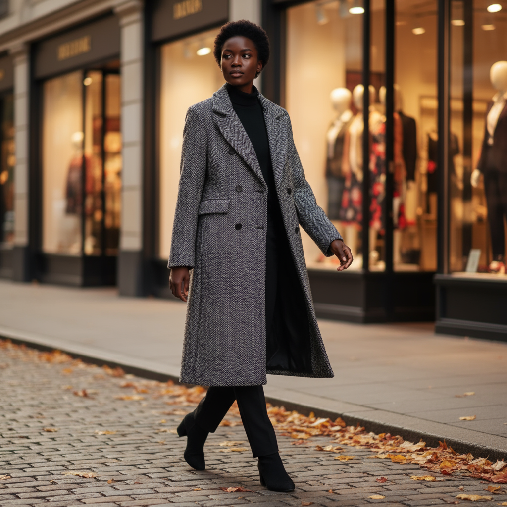 Woman in a gray coat walking on a street with shops in the background