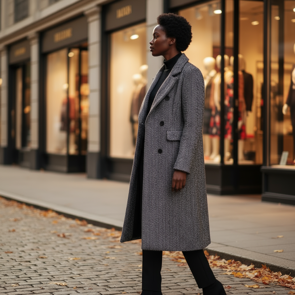 Woman in a long coat walking on a street with shops in the background