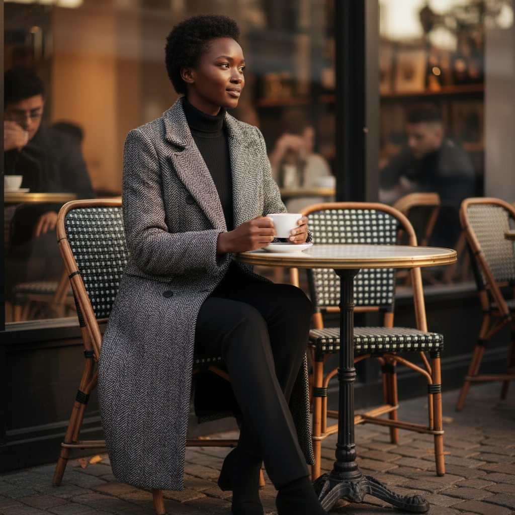Woman sitting at a cafe table holding a cup, wearing a long coat.