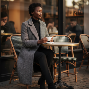 Woman sitting at a cafe table holding a cup, wearing a long coat.