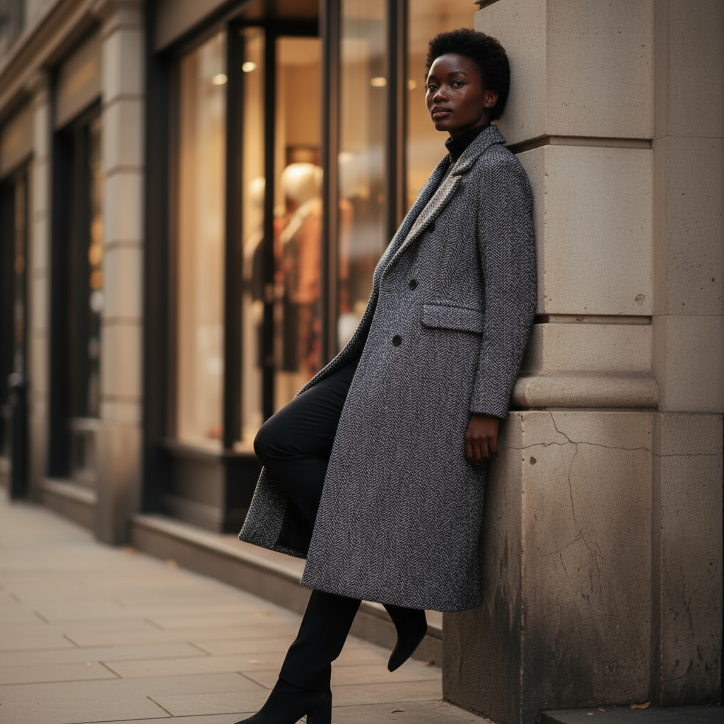 Woman in a gray coat leaning against a building corner on a city street.