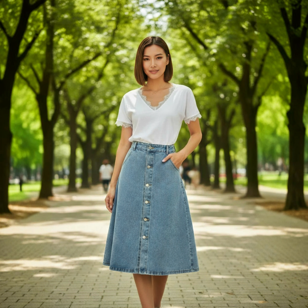 Woman in a white top and blue denim skirt standing on a tree-lined path.