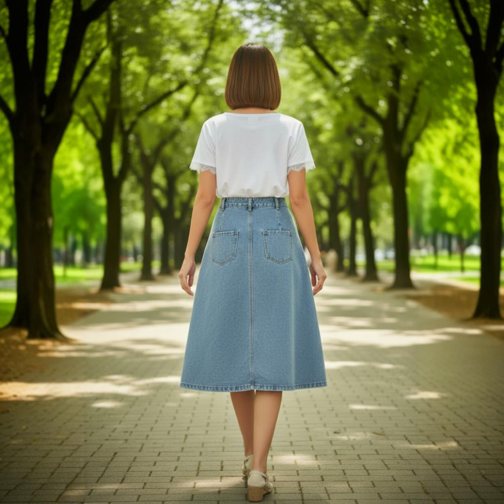 Woman walking away on a tree-lined path in a park