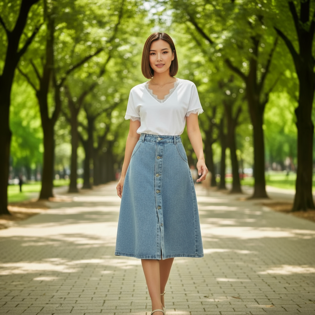 Woman in a white blouse and denim skirt standing on a tree-lined path