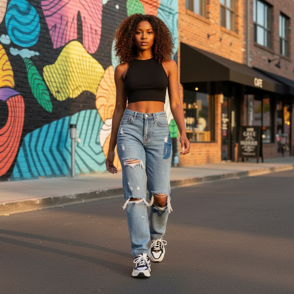 Woman walking on a street with a colorful mural in the background