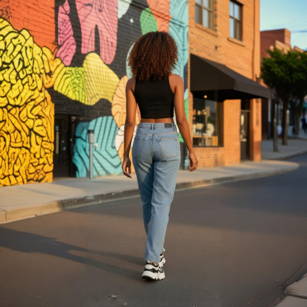 Woman walking on a street with colorful mural in the background