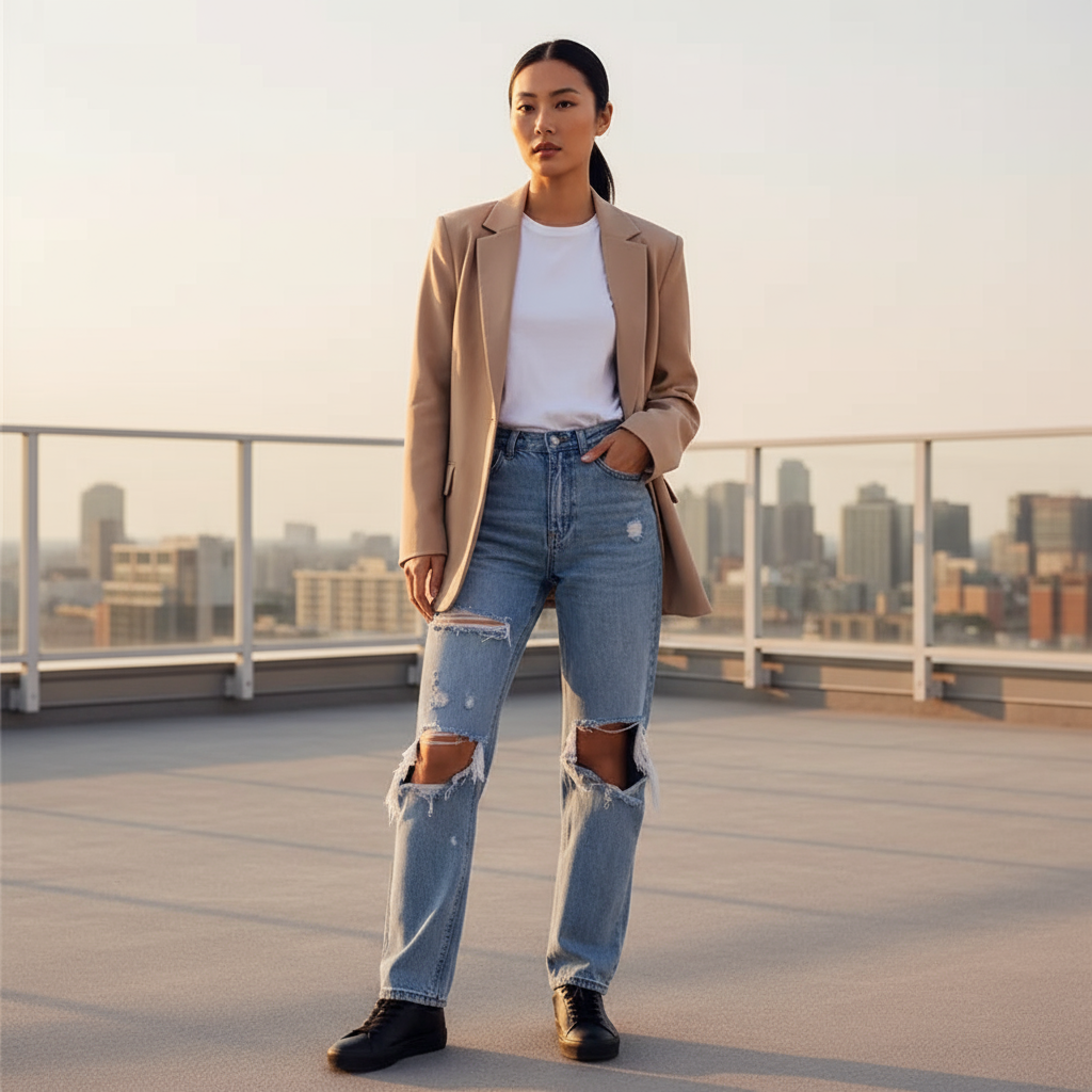 Woman standing on a rooftop with a cityscape in the background