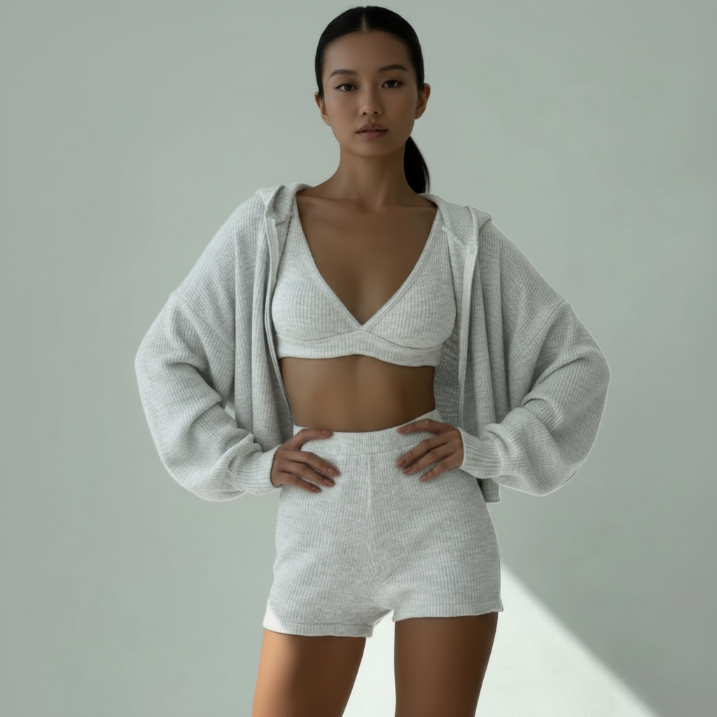 Woman wearing a white knit outfit with a gray cardigan on a plain background