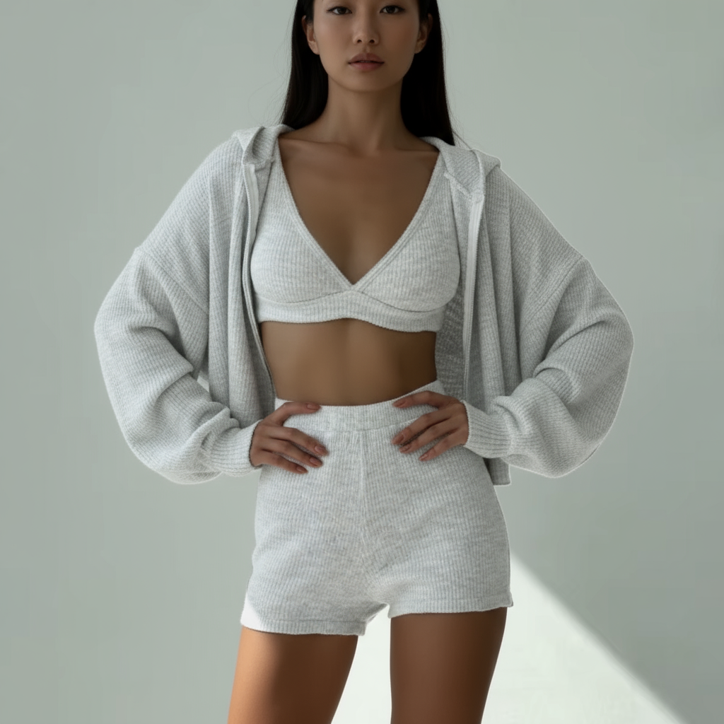 Woman wearing a white knit outfit with a gray cardigan against a plain background