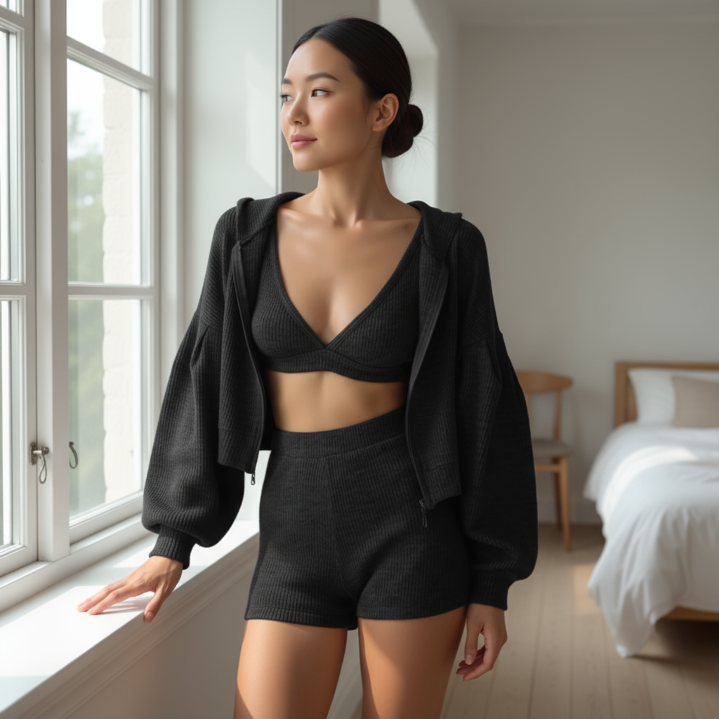 Woman in black athletic wear standing by a window in a bedroom.