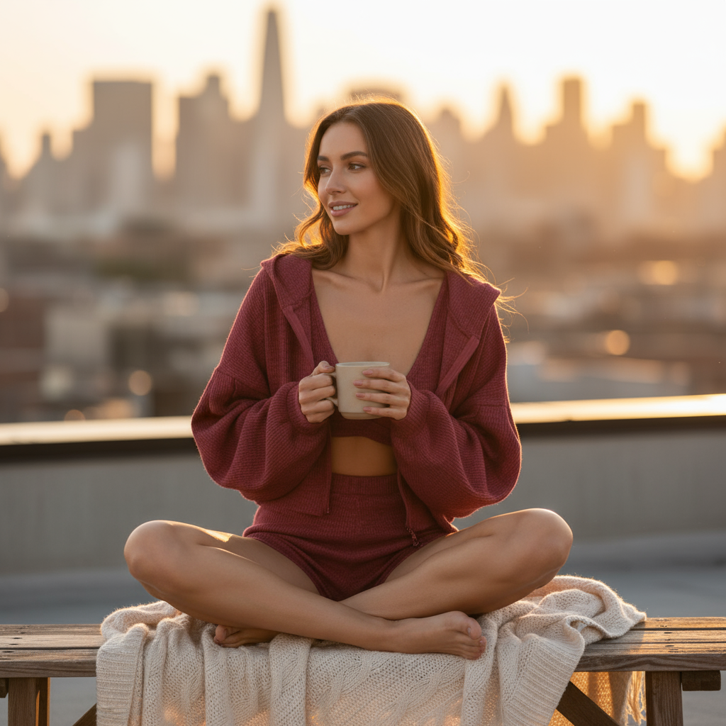Woman sitting on a rooftop with a cityscape in the background, holding a mug.