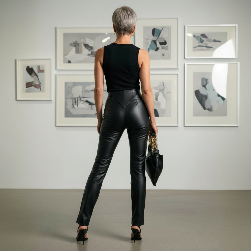 Woman in black leather pants and top standing in an art gallery.