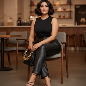 Woman in a black outfit sitting in a cafe holding a black handbag with gold chain.