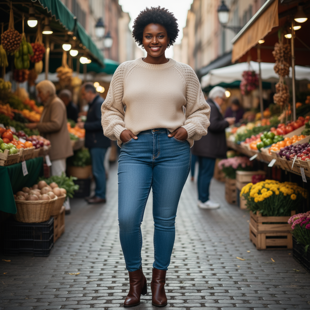 Woman standing in a market with produce and people around