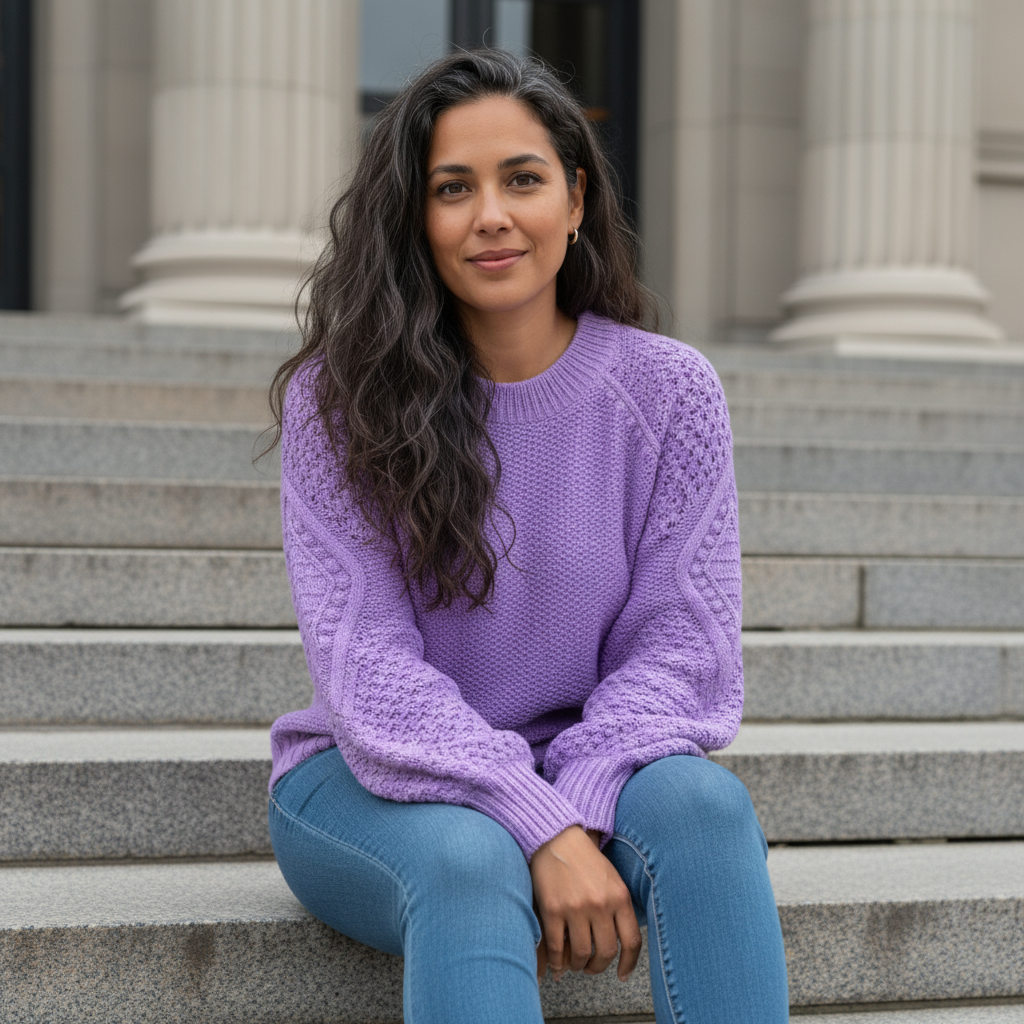 Woman wearing a purple sweater sitting on stone steps in front of classical architecture.