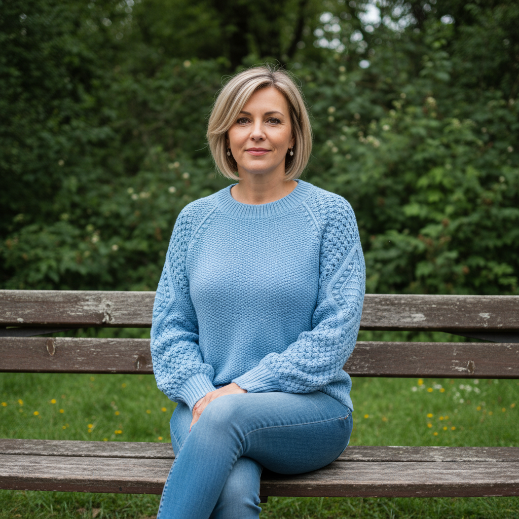 Woman in a blue sweater sitting on a wooden bench in a park.