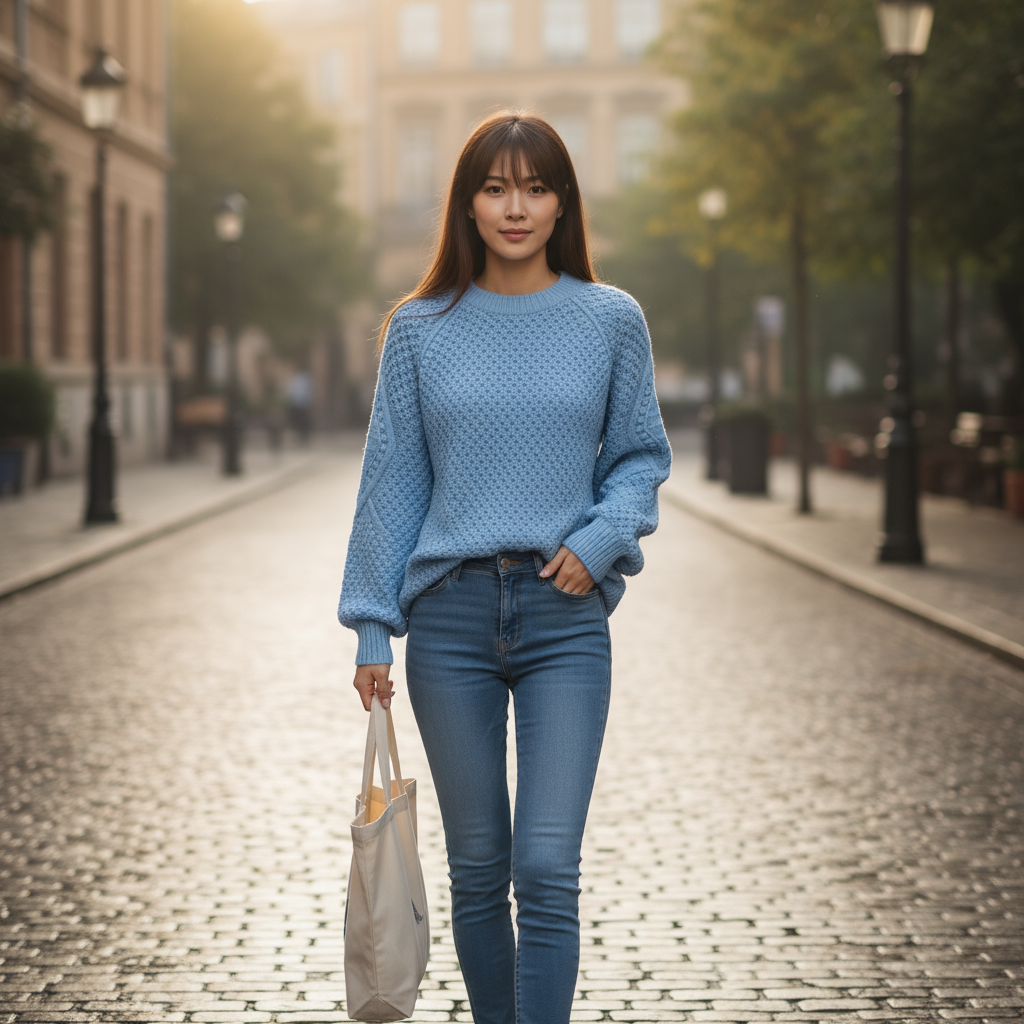 Woman in a blue sweater and jeans holding a tote bag on a city street.