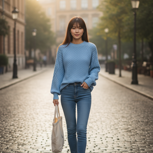 Woman in a blue sweater and jeans holding a tote bag on a city street.