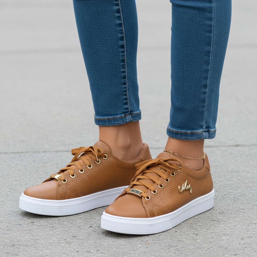 Brown sneakers with white soles worn with blue jeans on a gray pavement.