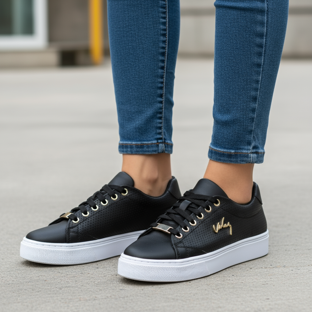 Black sneakers with white soles worn with blue jeans on a pavement background