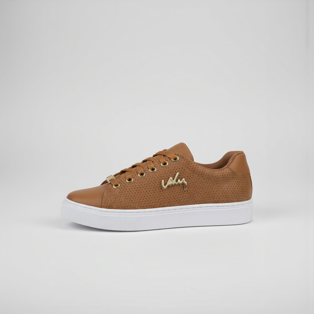 Brown sneaker with white sole on a light gray background