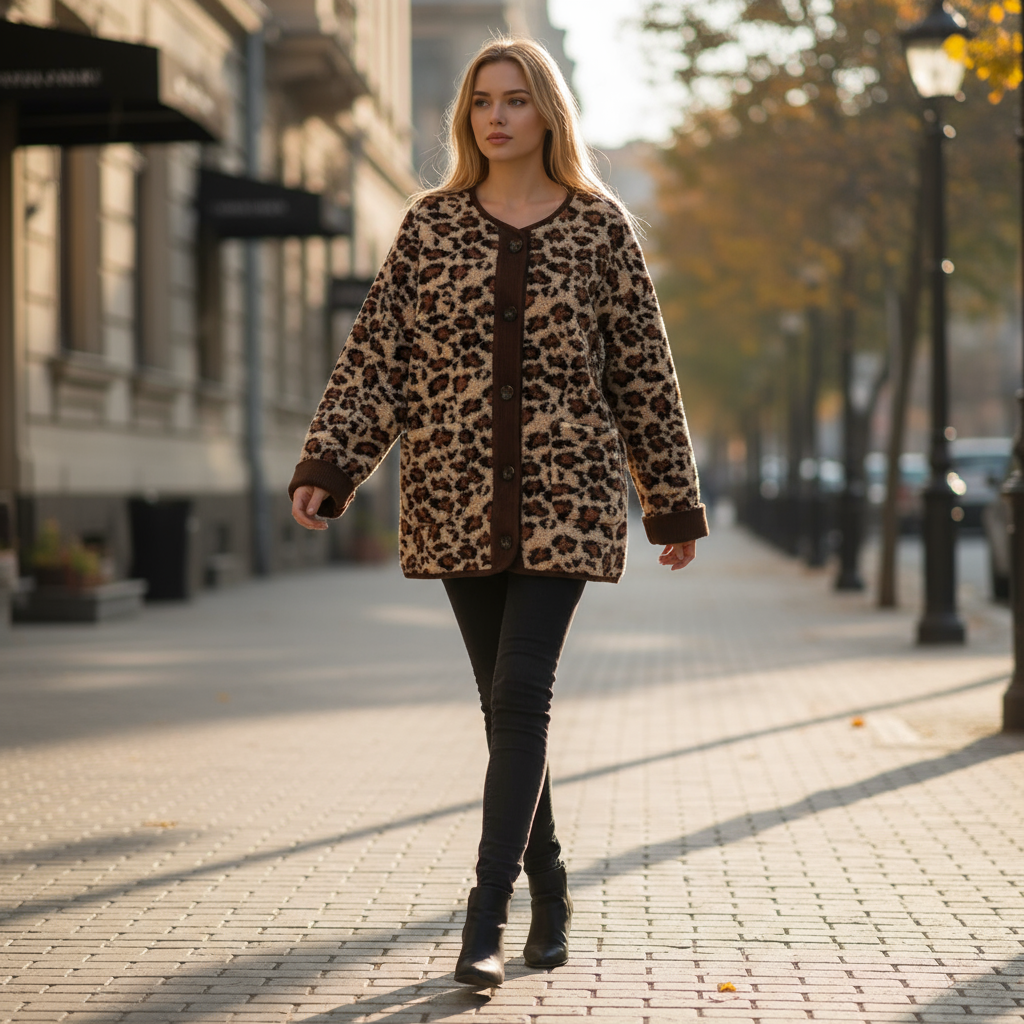 Woman wearing a leopard print coat on a city street