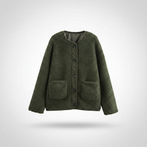 Green fleece jacket with button details on a white background