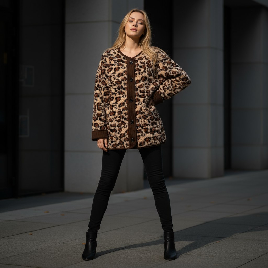 Woman wearing a leopard print coat standing against a dark background