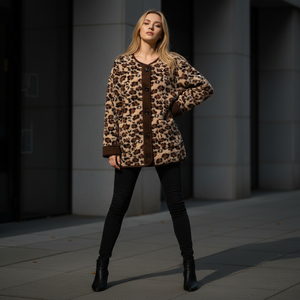 Woman wearing a leopard print coat standing against a dark background