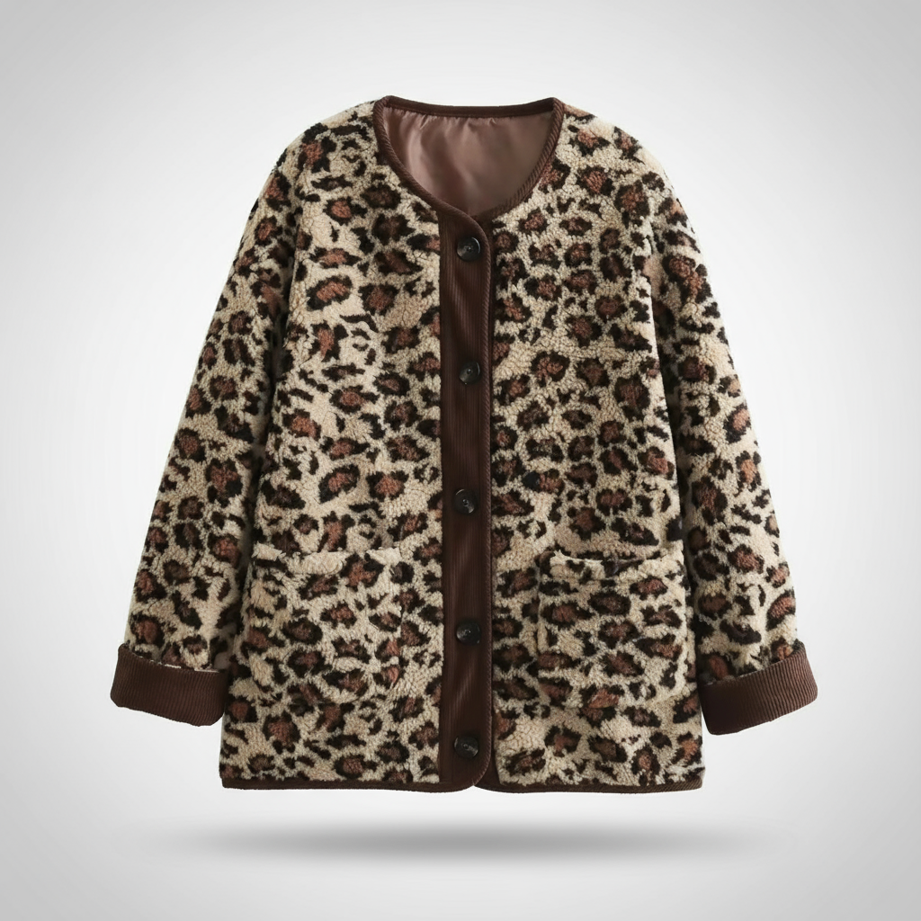 Leopard print coat with brown buttons on a light gray background