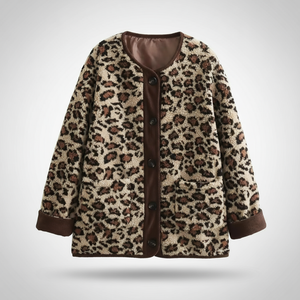 Leopard print coat with brown buttons on a light gray background