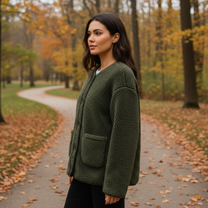 Woman in a green jacket standing on a path in an autumn park