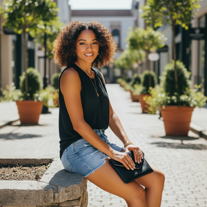 Woman sitting outdoors with plants and buildings in the background
