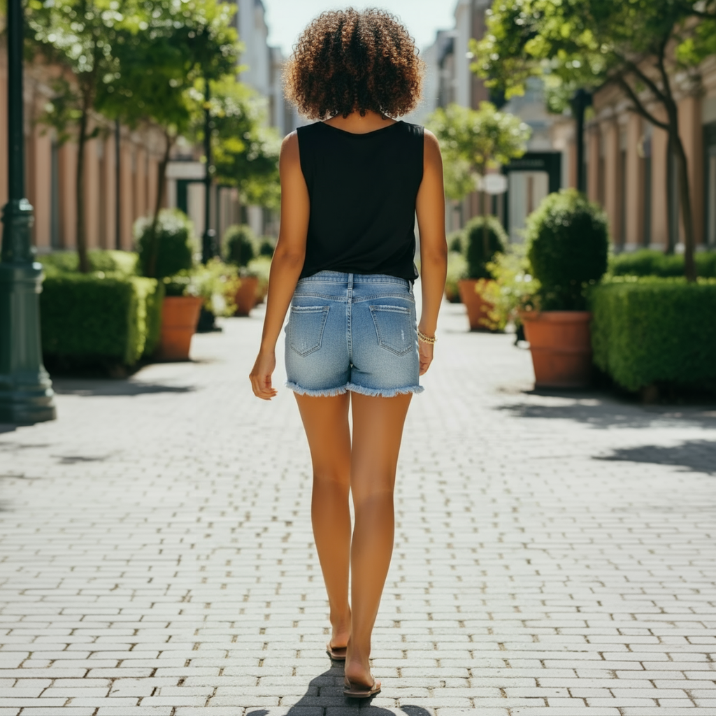 Person walking on a paved path with greenery and buildings in the background