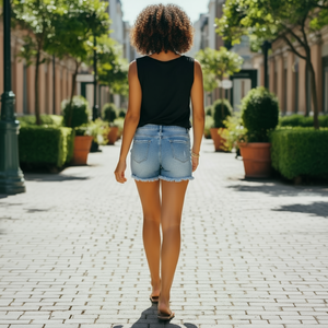 Person walking on a paved path with greenery and buildings in the background