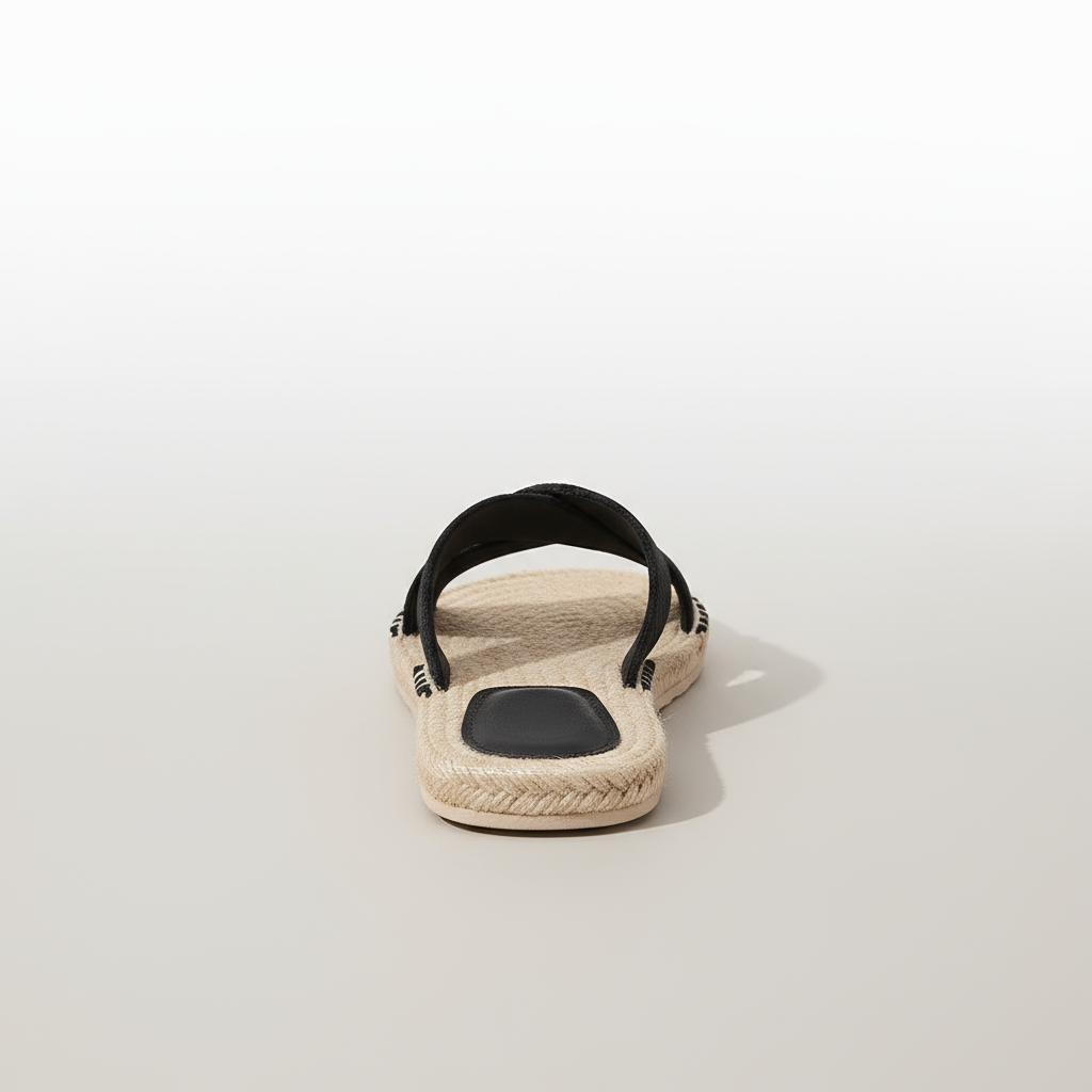 Beige sandal with black strap on a light gray background