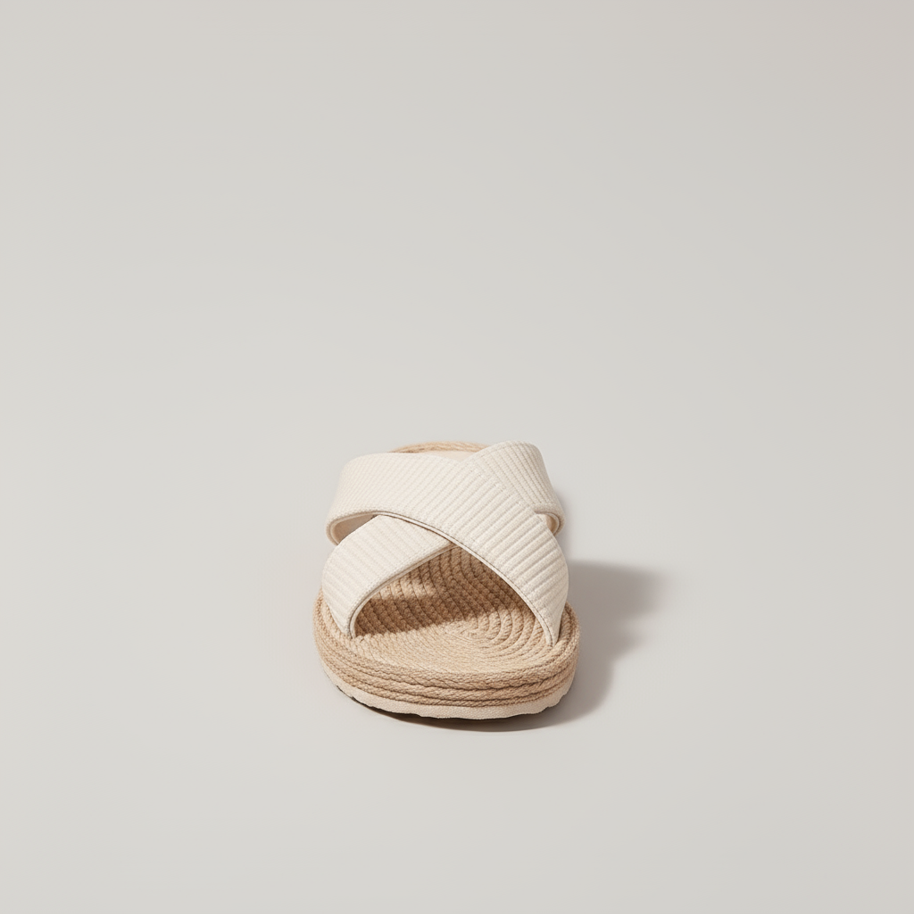 White sandal with woven sole on a light gray background