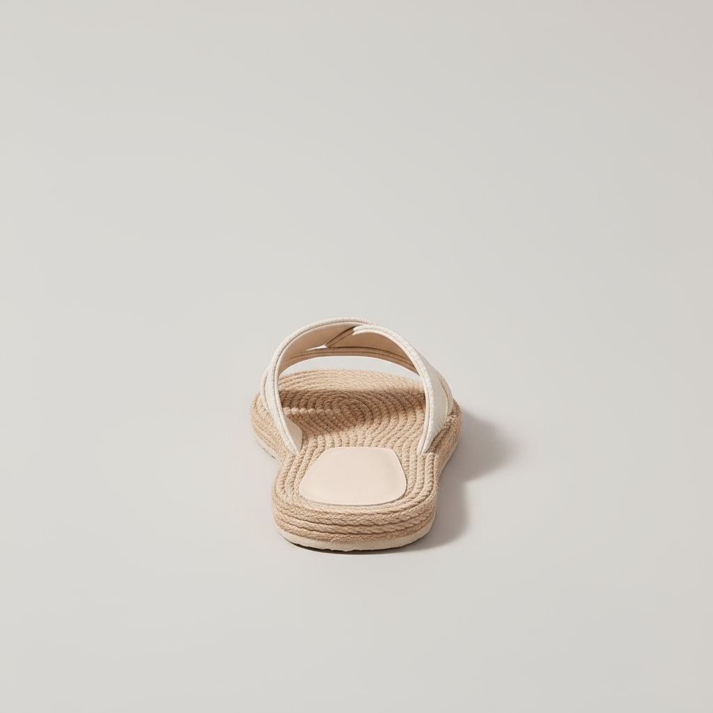 Beige sandal with woven sole on a light gray background