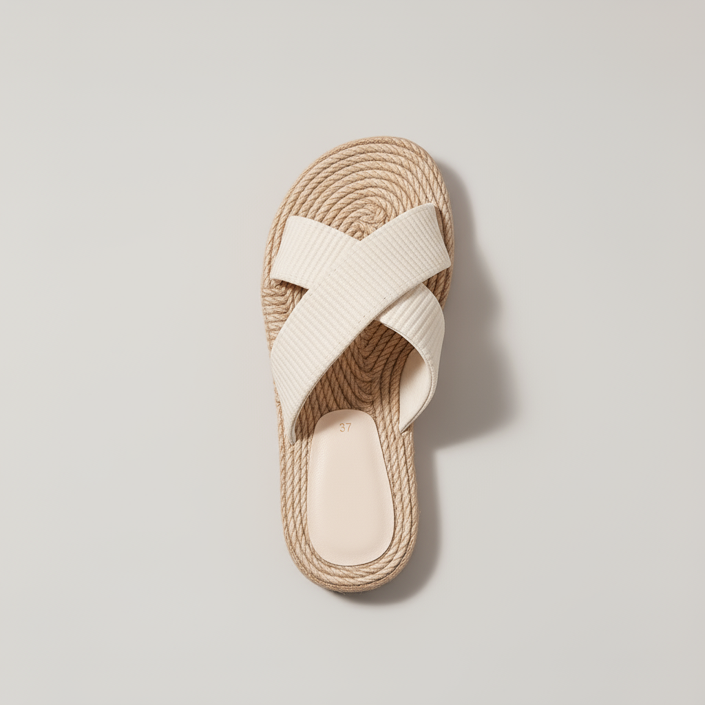 Beige sandal with woven design on a light gray background