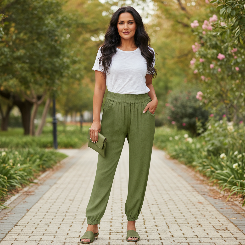 Woman in green pants and white top standing on a paved path in a park.