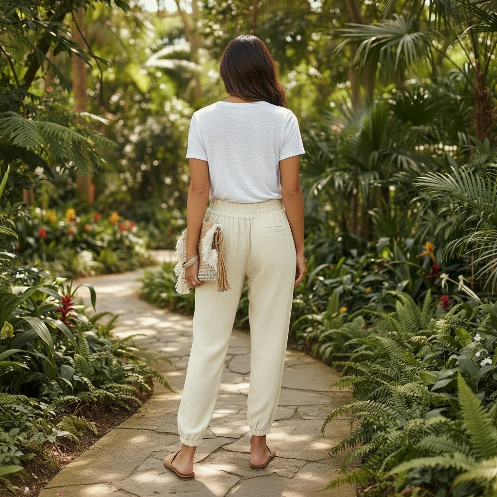 Woman walking along a path in a lush garden