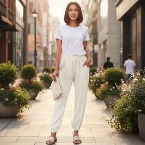 Woman in white outfit standing on a city street with plants and buildings in the background