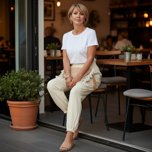Woman sitting on a chair outside a cafe with plants and tables in the background